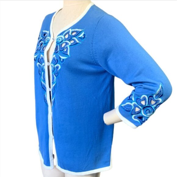VTG Designer Bob Mackie Floral Embroidery Cutout Cardigan Sweater M Blue #48B - Picture 6 of 10